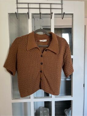 Mango Open-Knit Short-Sleeve Cardigan in Cognac